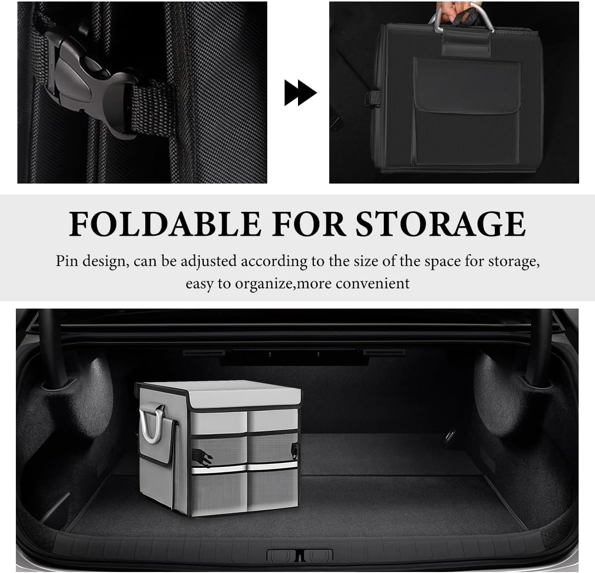 Trunk Organizer with Lid, 28L Collapsible Cargo Organizer with Aluminum Handles & Reflective Strip, Multi-Purpose Waterproof Oxford Storage Box for Cars Trucks SUVs Minivans (Gray)