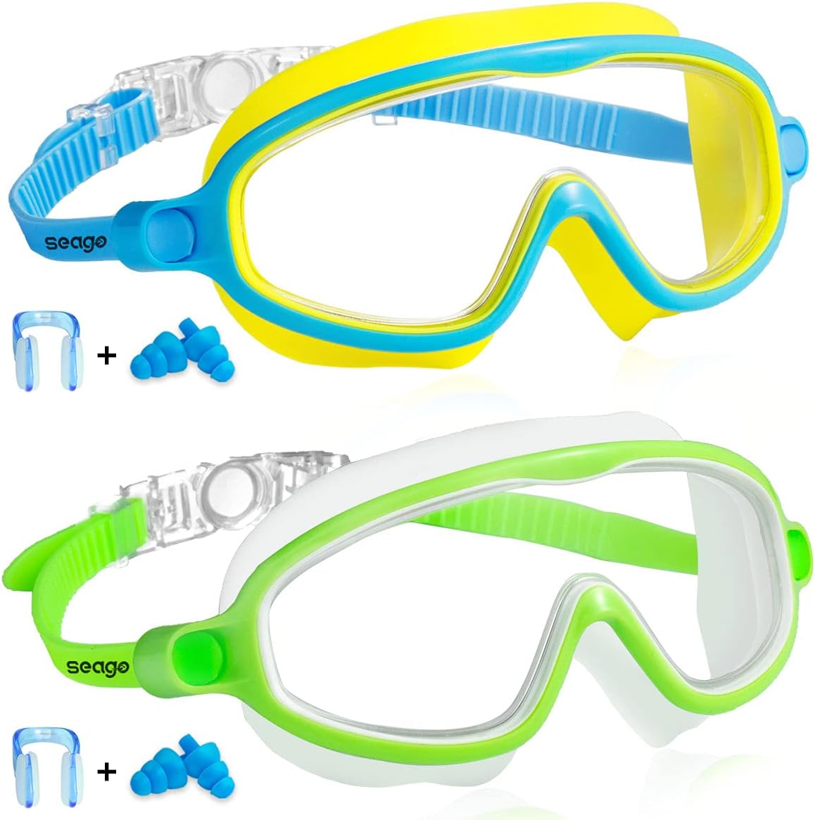 Seago Swim Goggles - Anti-Fog & Anti-UV Wide View Design for Kids Ages 3-14 | 2 Pack