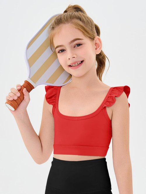 Haloumoning Girls Training Bra Kids Cute Ruffle Sports Bra Workout Yoga Bra Comfort Dance Crop Top Red