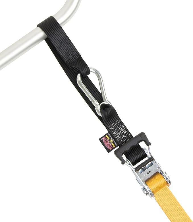 PowerTye 1.5 inch x 10ft Extra Long Ratchet Tie Down Straps, Heavy Duty with Carabiner Hooks, Soft-Tye & Bag, for Motorcycle, ATV & Cargo - 1,000 lb WLL - Made in USA - Yellow/Black Pair