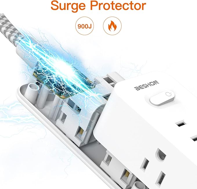Extension Cord 25FT, BESHON Power Strip Surge Protector, 6 Outlets with 3 USB Ports(1 USB C Outlet), 3-Side Outlet Extender, Wall Mount, Compact for Travel, Home, College Dorm Room, and Office