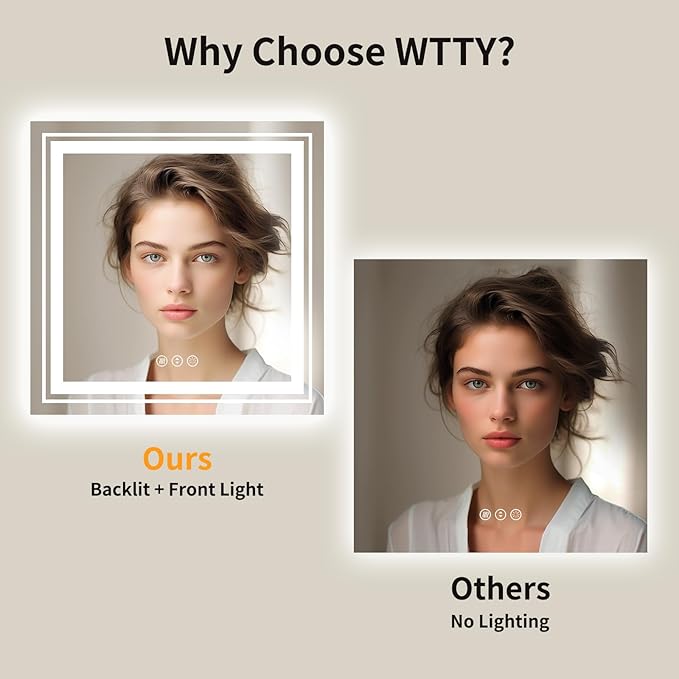 WTTY LED Bathroom Mirror 36"x36" with Backlit and Front Light,Stepless Dimmable LED Mirror for Bathroom,Anti-Fog Lighted Bathroom Vanity Mirror Modern,Memory Function,Shatter-Proof