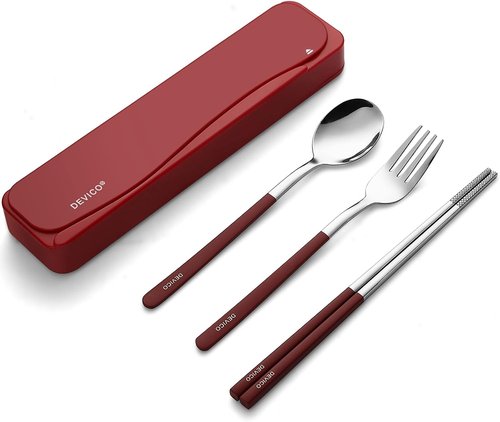 DEVICO Travel Utensils Set - 18/8 Stainless Steel 4-Piece Cutlery with Case | Portable Red Flatware