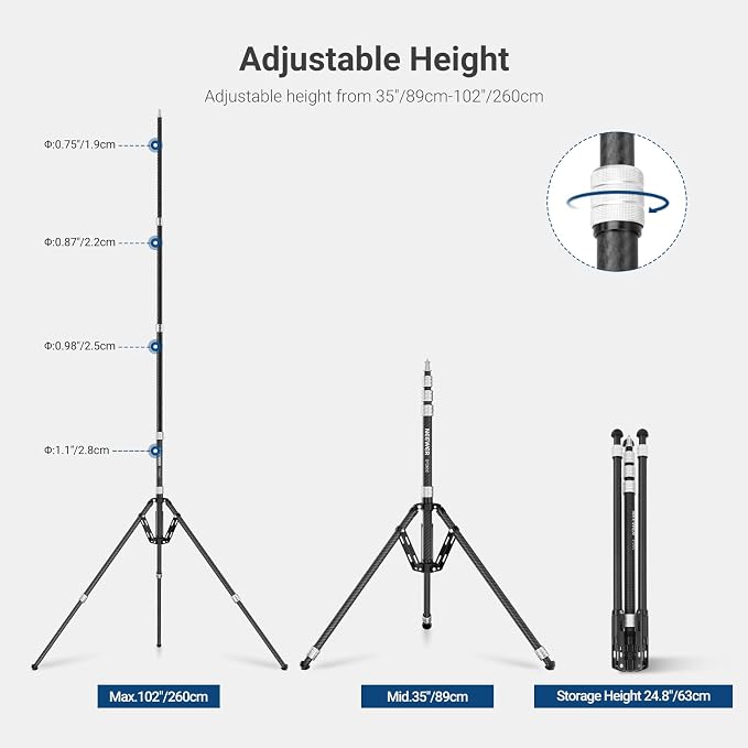 NEEWER Carbon Fiber Tripod Stand w Reversible Legs, 6.6lb/3kg Max Load