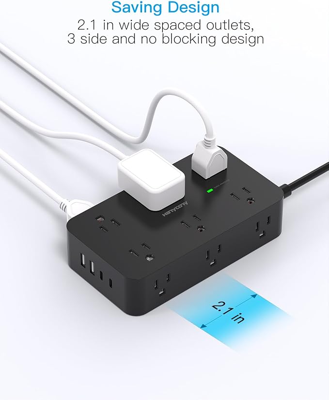 Black Extension Cord 15 Ft, HANYCONY Power Strip with 1080J Surge Protection, 12 Outlets with 4 USB Ports(2 USB C), Wall Mount, Desk Charging Station for Office Home College Dorm Room Essentials