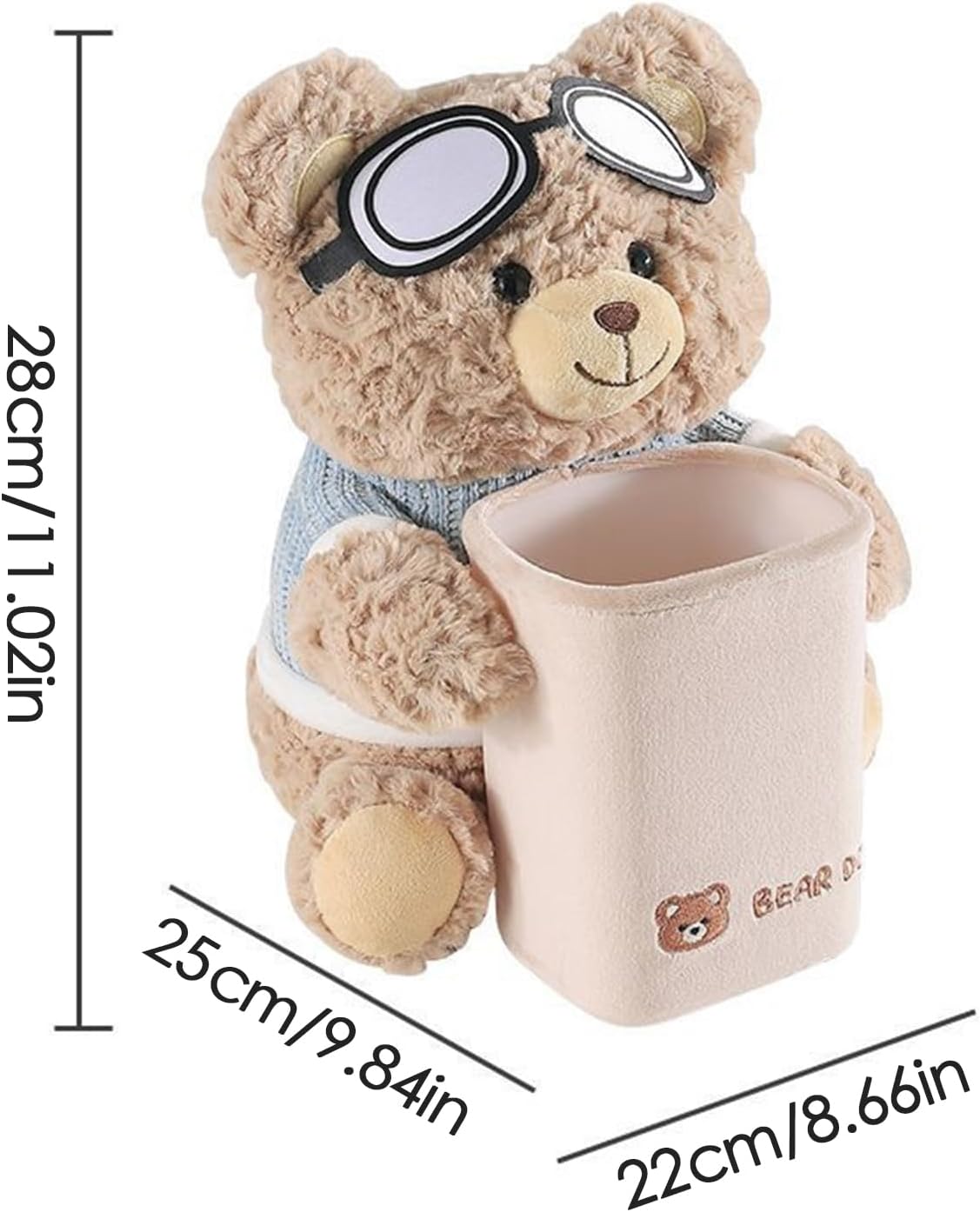Cute Bear Plush Car Tissue Holder and Trash Can, 2-in-1 Cartoon Bear Car Tissue Box Design with Aviator Goggles, Waterproof, Beige, 25x22x28cm