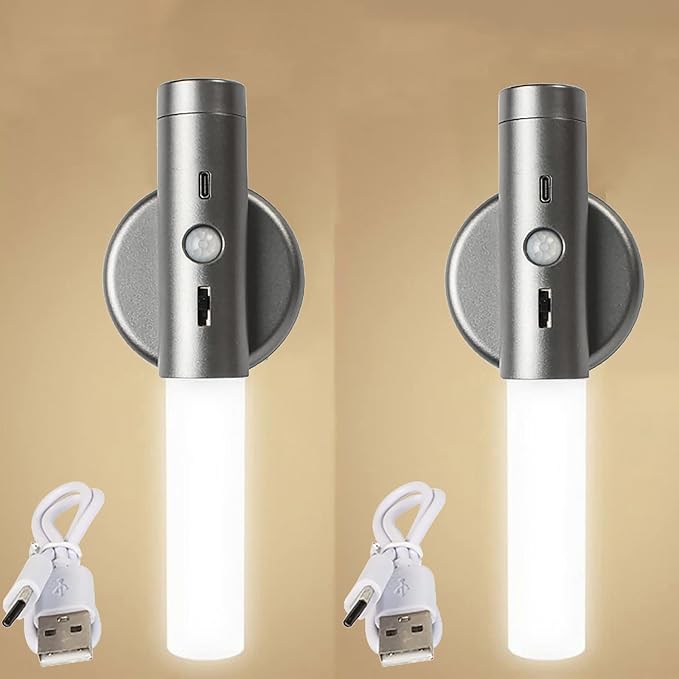 LED Battery Operated Wall Light with Motion Sensor Indoor Dimmable Wall Lampe Magnetic Lamp USB Rechargeable Wall Socnce Lighting Stick-On Night Lights for Entrance Hallway Staise (Grey,2 Packs) (