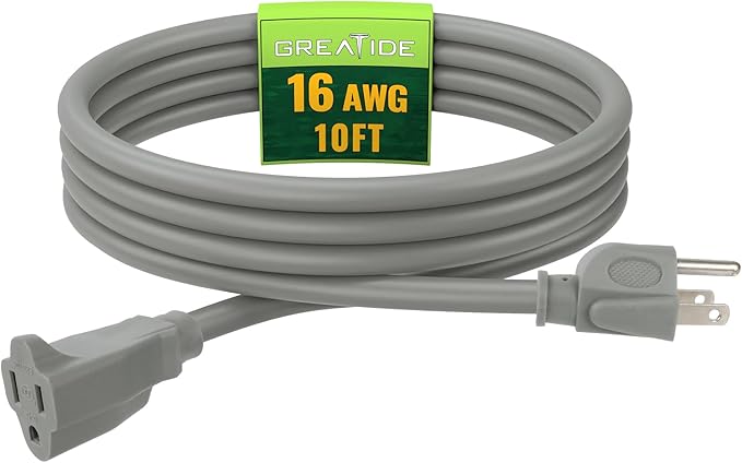 Indoor Outdoor Extension Cord 10 FT, 16/3 SJTW Weatherproof Grey Electrical Cords, 13 AMP Heavy Duty 3 Prong Power Cable Great for Garden, Landscaping & Holiday Decorations