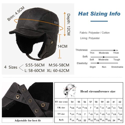 Comhats Aviator Hat Faux Leather Pilot Cap Oversize Adult Men Winter Trapper Hunting Hat 56-66CM (US, Alpha, X-Large, Black)