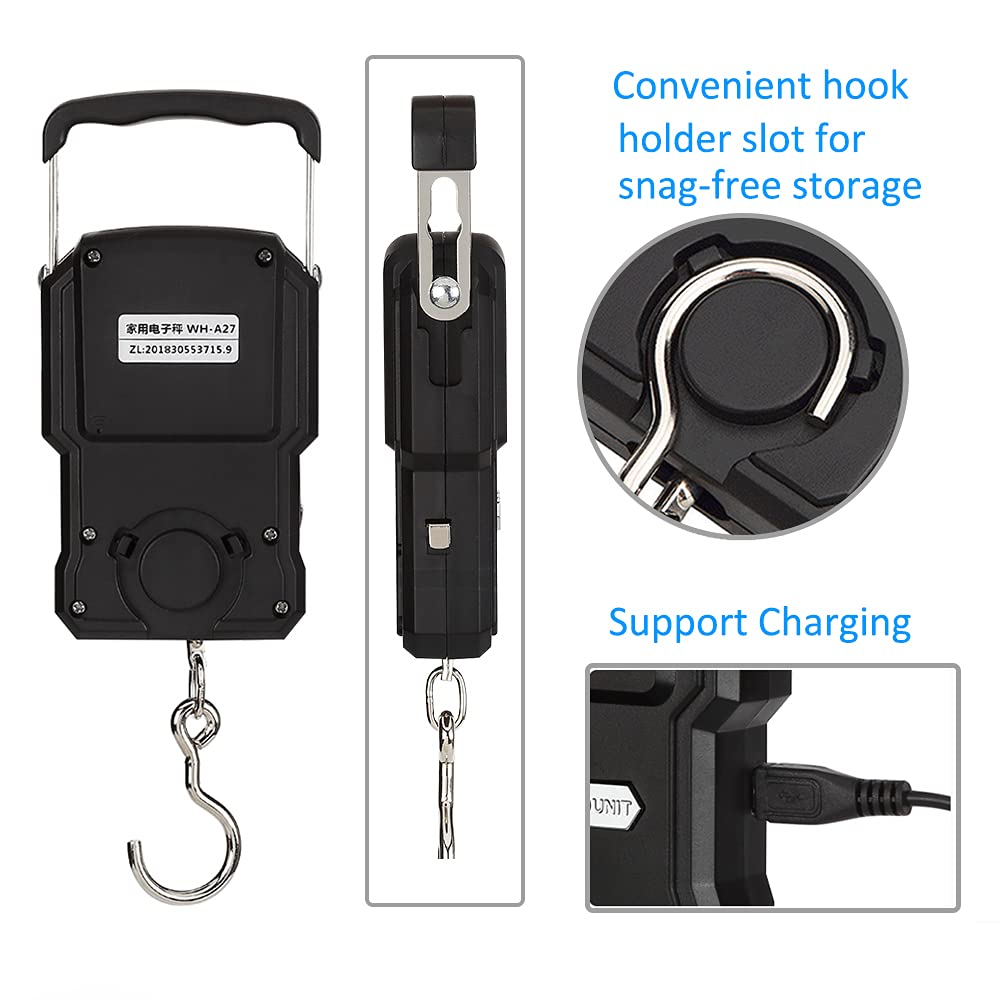 Skiennix Rechargeable Luggage Scale - Portable Digital Hook Scale with Measuring Tape, 165Lb Capacity, Black