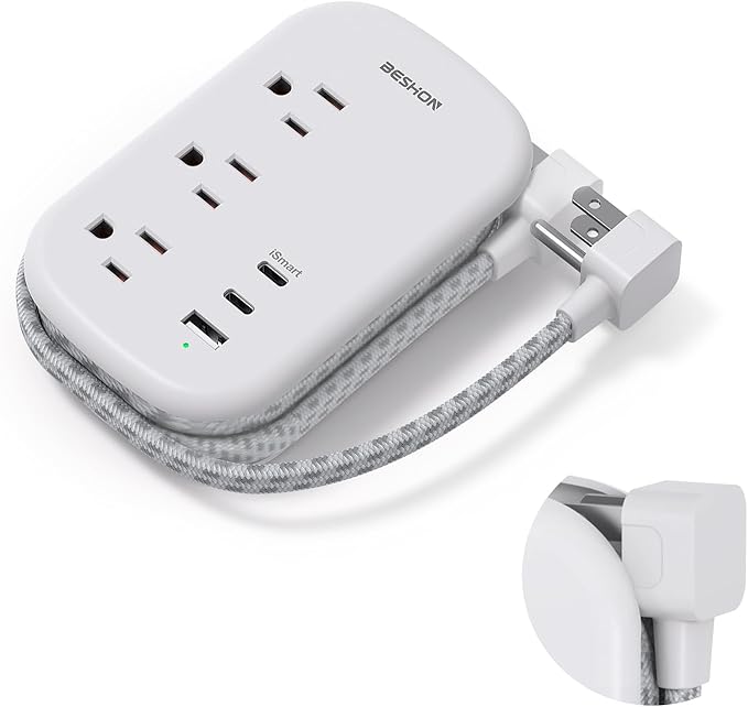 USB C Travel Power Strip, BESHON Ultra Flat Extension Cord, Flat Plug Power Strip, 3 Outlets with 3 USB Ports(2 USB C), 3.2ft Wrapped Around Extension Cord for Cruise Ship, Travel Essentials, Grey