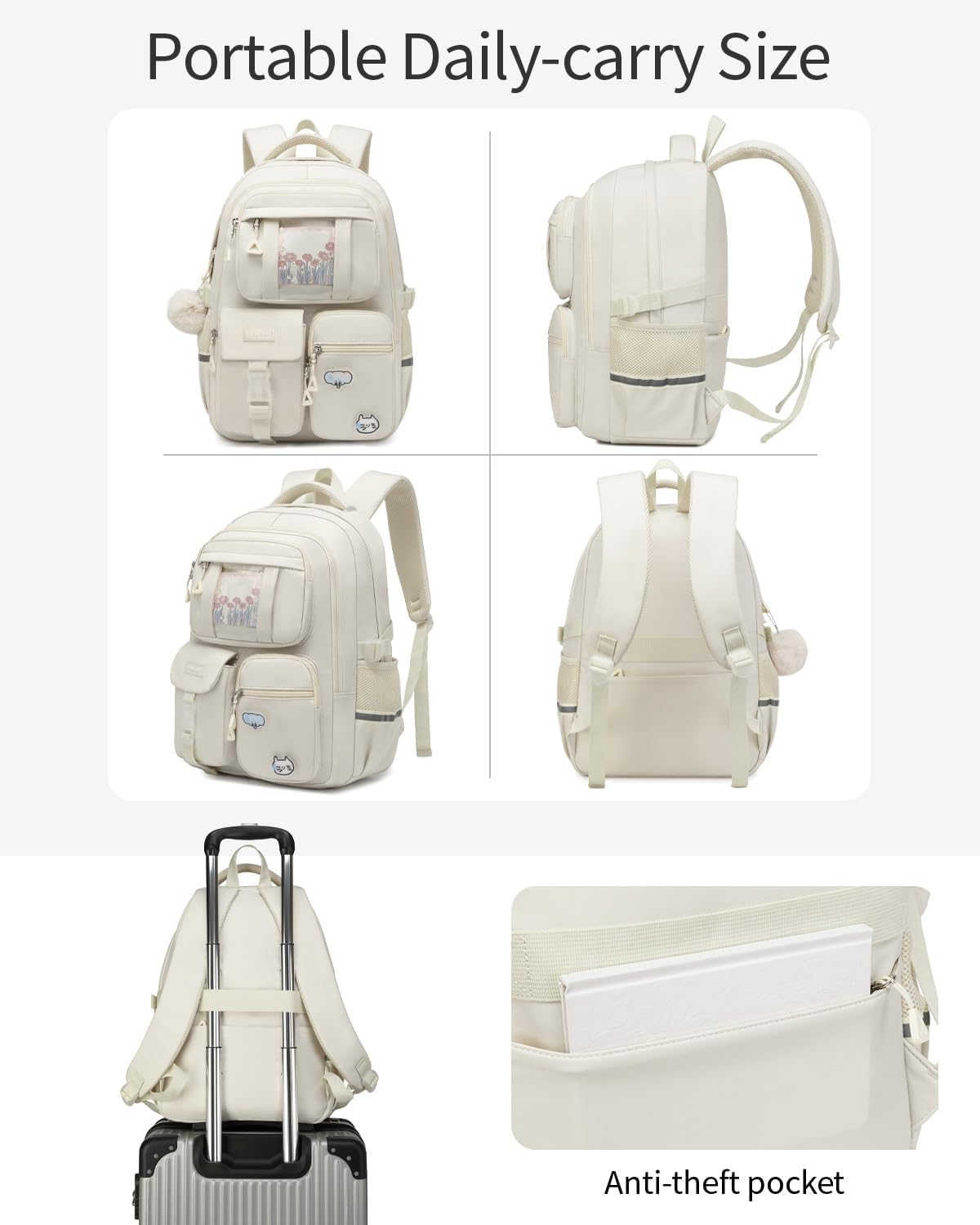 Skiennix School Backpack - Cute 15.6in Laptop Bag for Teen Girls | Aesthetic Beige Bookbag