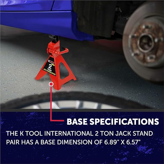 K Tool International 61201 2 Ton Automotive Jack Stands for Garages, Repair Shops, and DIY, Lightweight, 4,000 lbs. Capacity, Heavy Duty Steel Frame, Adjustable Height 10.75"-16.73", Red/Black, Pair
