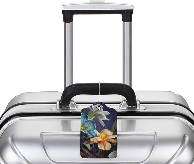 Retro Tulips Luggage Bag Case Tags for Travel Suitcase White Blue Yellow Flowers On Blue Background PU Leather Baggage Tag with ID Label Privacy Flap Cover 2 Pack