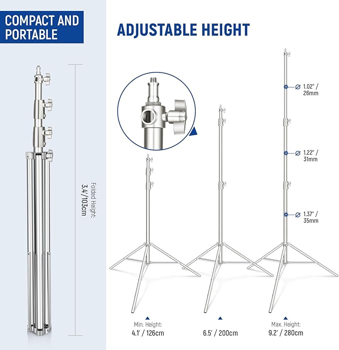 NEEWER 2Pcs 9.2ft Stainless Steel Light Stands, Spring Cushioned Heavy Duty