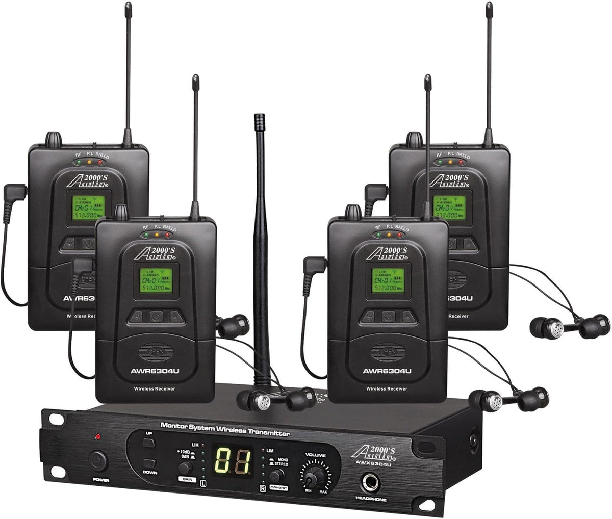 Audio2000'S AWM6306U UHF 100 Selectable Frequency Wireless in-Ear Monitor System with Four Wireless Receivers, One Wireless Transmitter, and One PVC Carrying Case