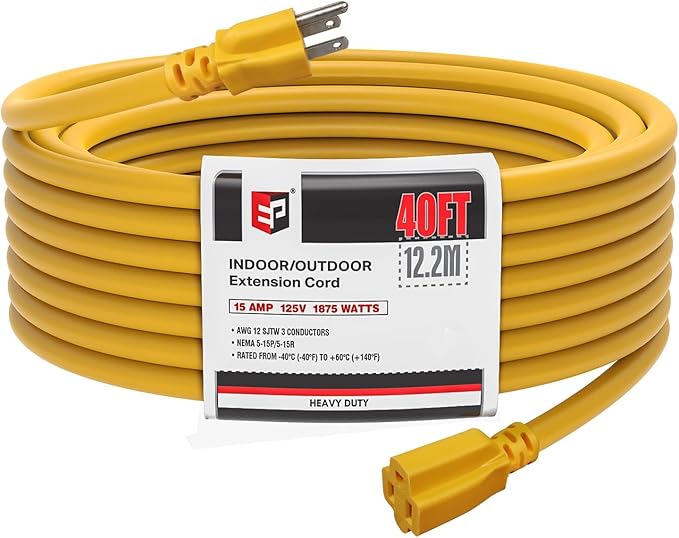 EP 12/3 40 FT Indoor Outdoor Yellow Extension Cord Waterproof, 12 Gauge 3 Prong Power Cord Flexible Resistant Appliance Extension Cable Electric Cable Outside, 15A 1875W 12AWG SJTW, ETL Listed