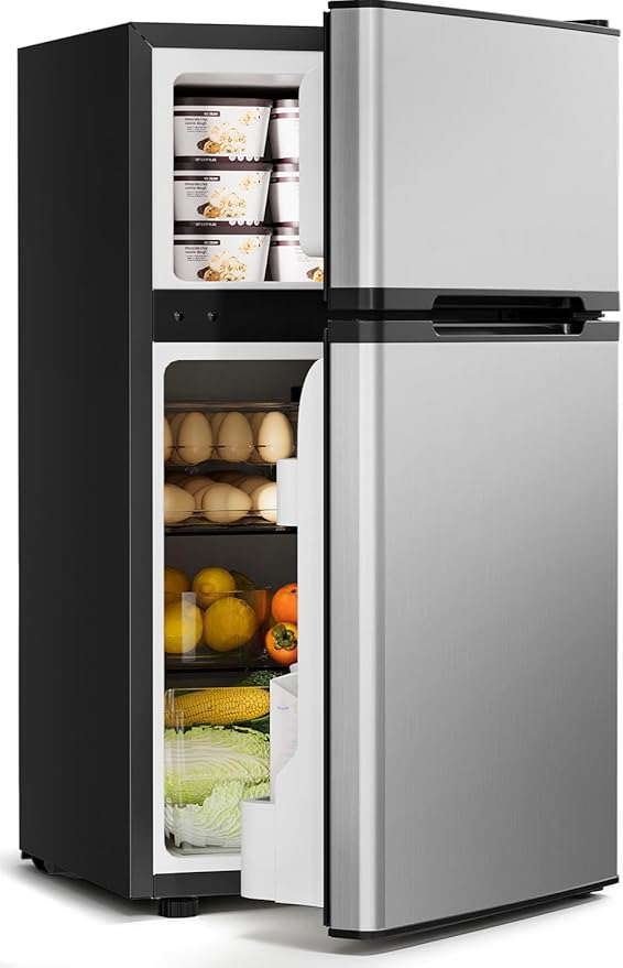 Feelfunn 3.2 Cu.Ft Mini Fridge with Freezer - 2 Door Small Refrigerator, Mini Refrigerator with Adjustable Thermostat, Removable Shelves, Mini Fridge for Bedroom, Office, Dorm, Apartment, Silver