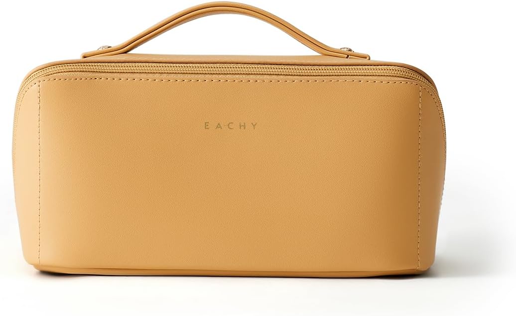 EACHY Travel Makeup Bag for Women, Flat Open Cosmetic Bag, Yellow, Medium
