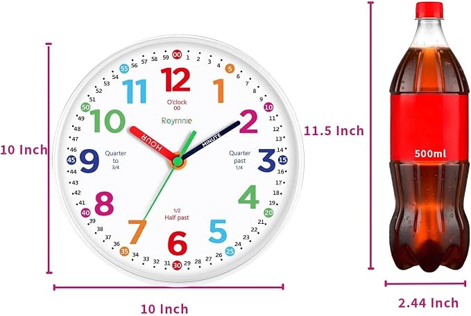Roymnie Wall Clock 10 Inch for Kids Learning Kids Teaching Clock Analog Silent