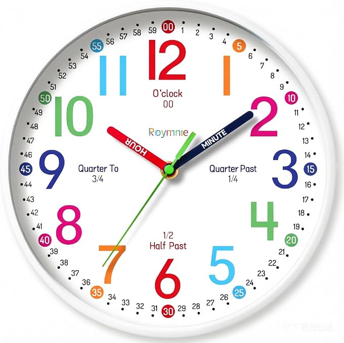 Roymnie Wall Clock 8 Inch for Kids Learning to Tell Time Easily Non Ticking