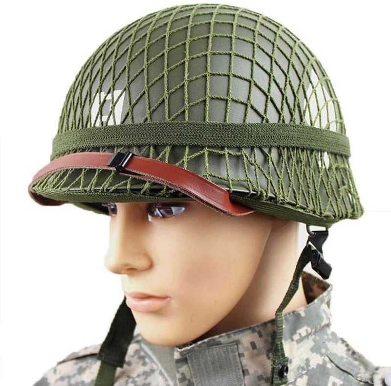 WWII US WW2 Army M1 Steel Pot Helmet Replica - Military Gear Uniform with Net Cover, Chin Strap, Cat Eye Belt