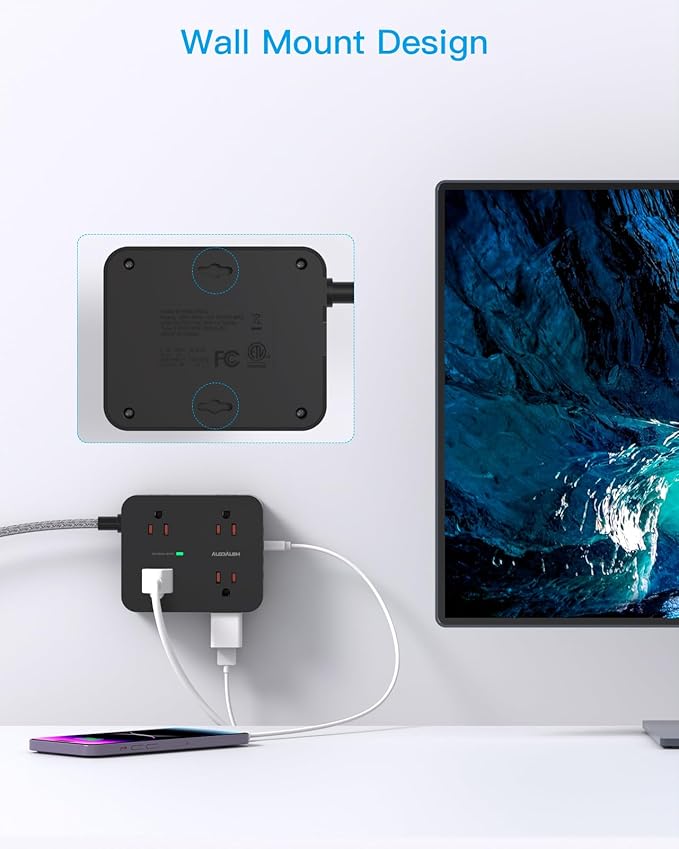 Power Strip Surge Protector, HANYCONY 8 Outlets with 4 USB Charging Ports(2 USB C), 3 Side Outlet Extender with 5 Ft Extension Cord, Flat Plug, Wall Mount, Desk Charging Station for Home Office ETL