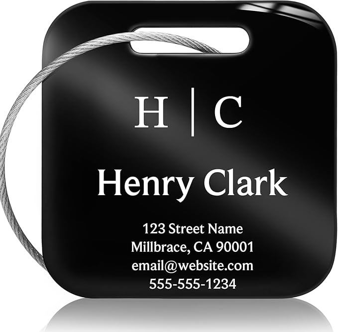 Personalized Luggage Tags for Suitcases - Stainless Steel Custom Luggage Tags for Backpacks & Bags, Sturdy, Waterproof & Heavy Duty (Black/Square)