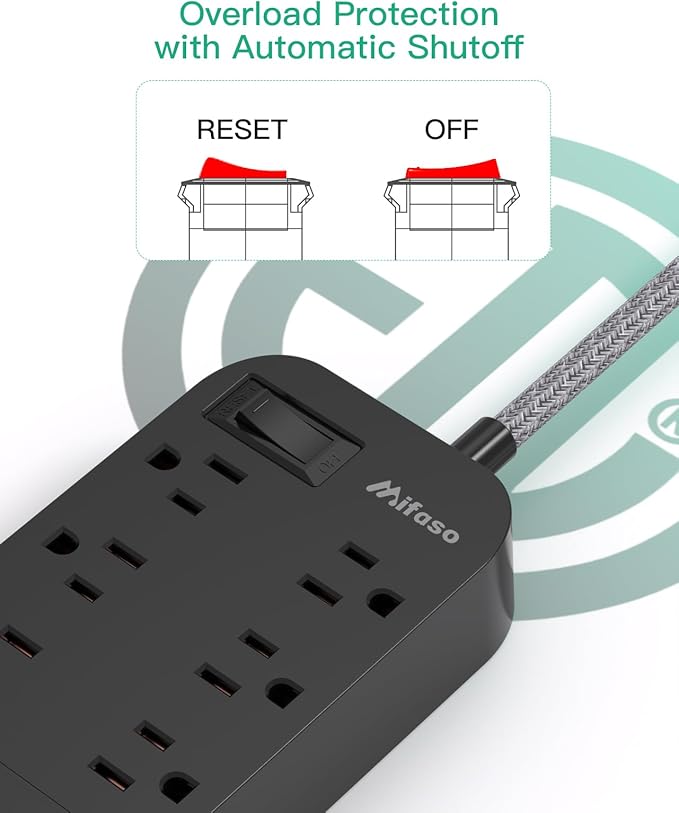 Extension Cord 15 FT, Flat Plug Power Strip, Long Extension Cord with Multiple Outlets with 6 Outlets 4 USB Ports(2 USB C), USB Power Strip for Home, Office, Dorm Room Essentials, College, Black