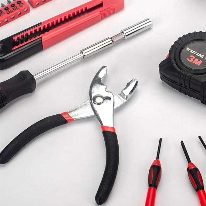 39-Piece General Tool Set-Essential Household Hand Tool Kit with Portable Toolbox Storage Case (Red)