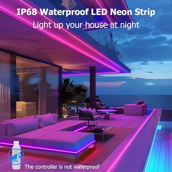 16.4ft LED Neon Rope Lights, RGB Plus IC Strip Lights, IP68 Waterproof Flexible Rope Light with APP and Remote Control, Dimmable Neon Strip for Gaming Room Living Room Bedroom Indoor Outdoor Decor