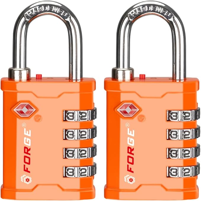 FORGE 4-Digit TSA Approved Travel Locks – TSA008 Key System, Key Duplication Impossible, Heavy-Duty Combination Padlock for Travel, Gym, Pelican Case. Orange 2 Locks.
