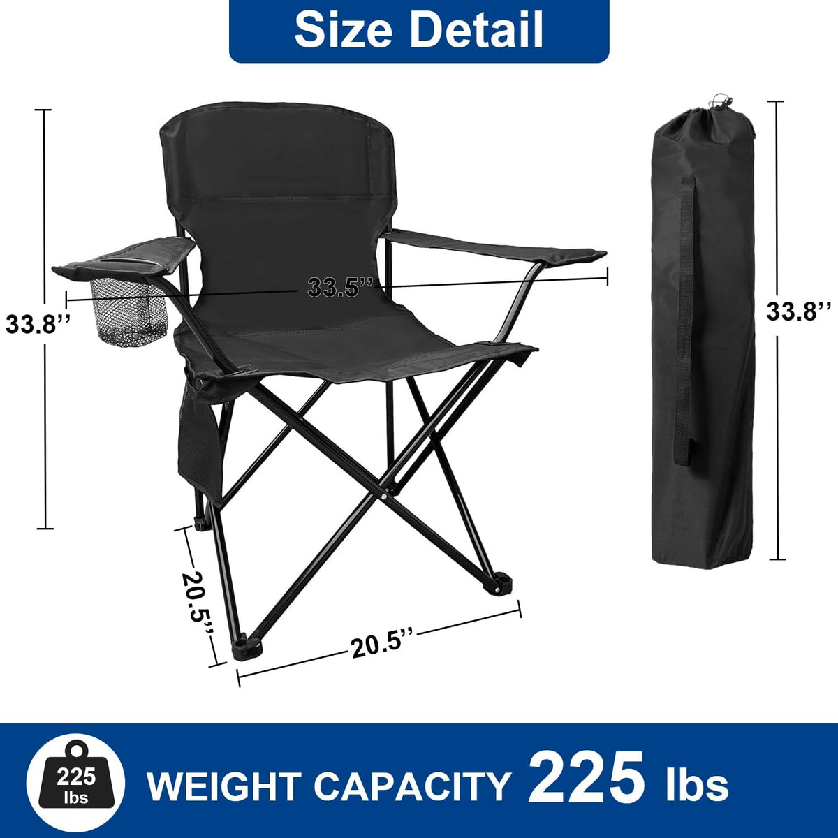 Skiennix Folding Camping Chairs - Heavy Duty Collapsible Lawn Chair with Cooler Bag | Supports 225LBS, Black