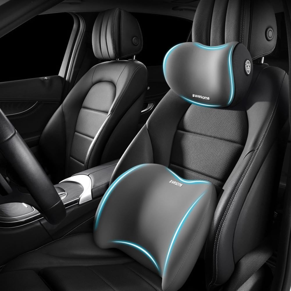 Car Headrest & Lumbar Support Cushion Kit, Ergonomic Car Seat Neck Pillow and Backseat Cushion for Driving Fatigue Relief, Driving Seat Memory Foam Neck Back Rest Pillows (Black)