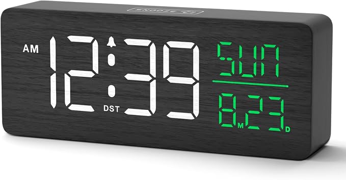 Peakeep Wooden Digital Alarm Clock Large Display, Textured Decoration