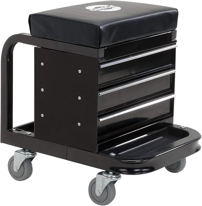 Omega-Lift Mechanic Stool with Wheels – Tool Box with Padded Chair Seat and Rolling Wheels for Garage – 450 Lbs Capacity
