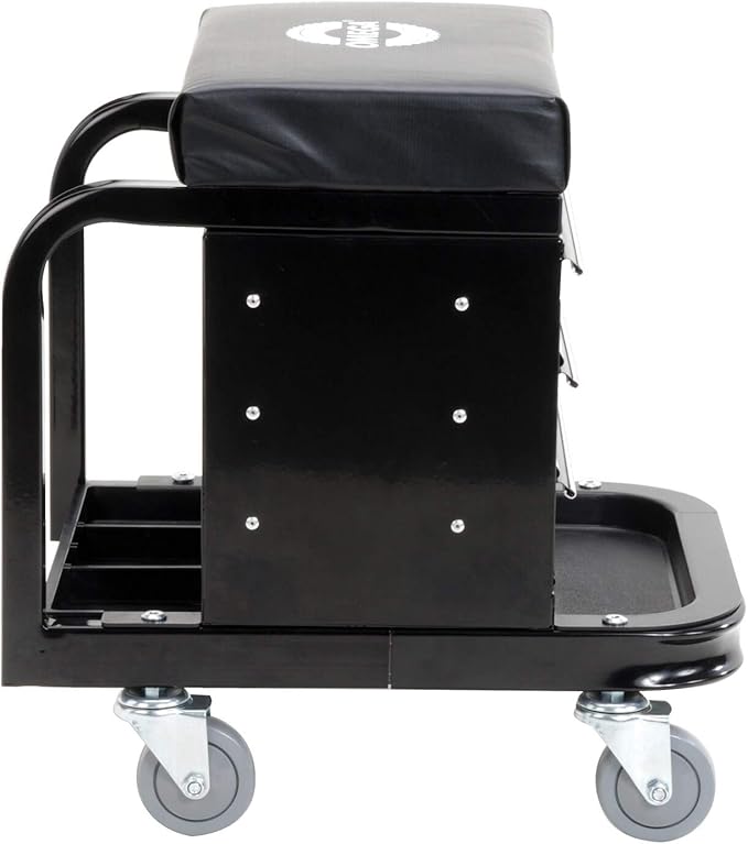 Omega-Lift Mechanic Stool with Wheels – Tool Box with Padded Chair Seat and Rolling Wheels for Garage – 450 Lbs Capacity