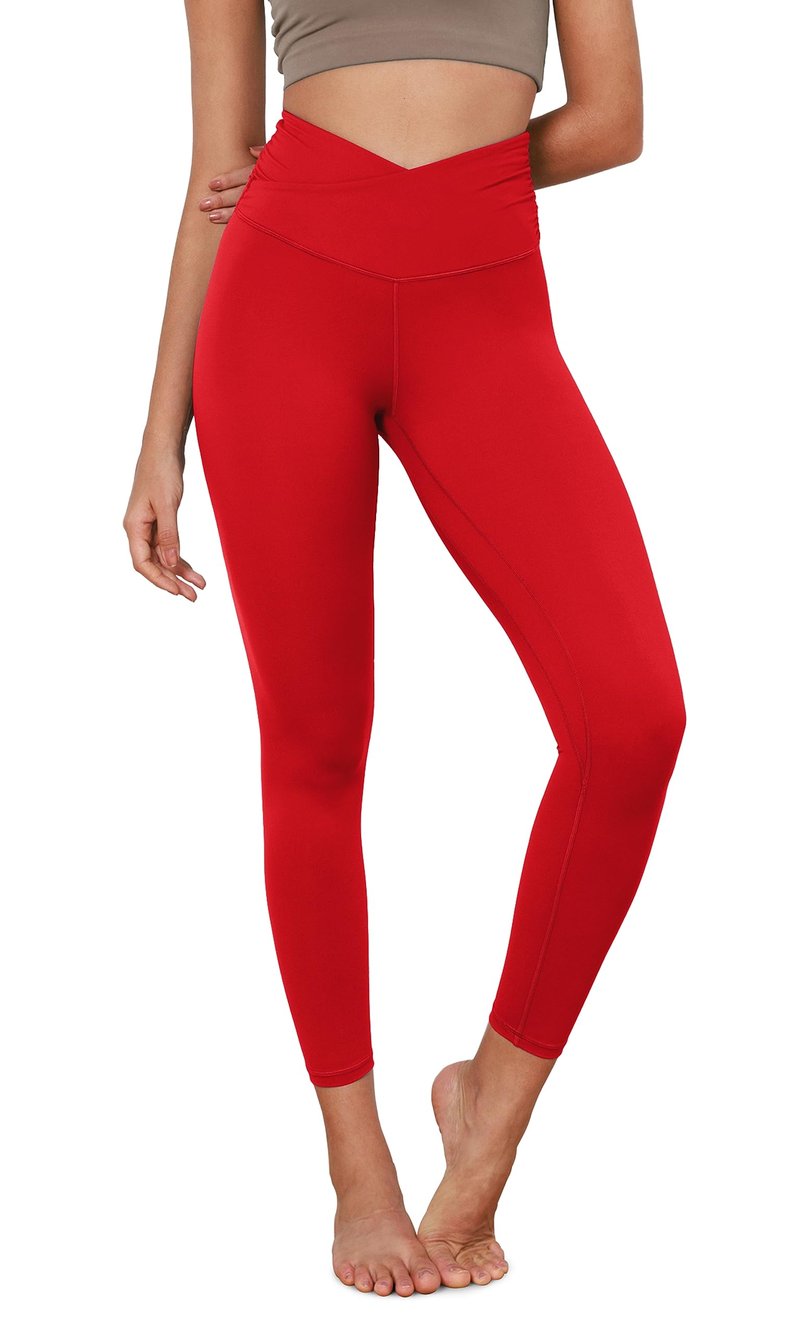 ODODOS Women's Cross Waist 7/8 Yoga Leggings with Inner Pocket, Inseam 25" Gathered Crossover Workout Yoga Pants, Red, Large