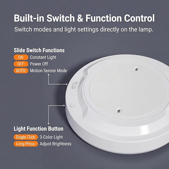 10,000mAh Rechargeable Radar Motion Sensor Ceiling Light with Remote, 7.68" Wireless LED Light No Wiring, 3 Color Temperatures, Dimmable Always-on Mode, Battery Powered for Shower Closet Shed Garage