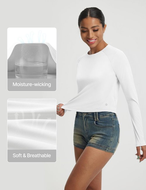 baleaf Women's UPF 50+ Long Sleeve Sun Shirts Crop Rash Guard UV Workout Tops SPF Slim Fit Lightweight Athletic Hiking White M