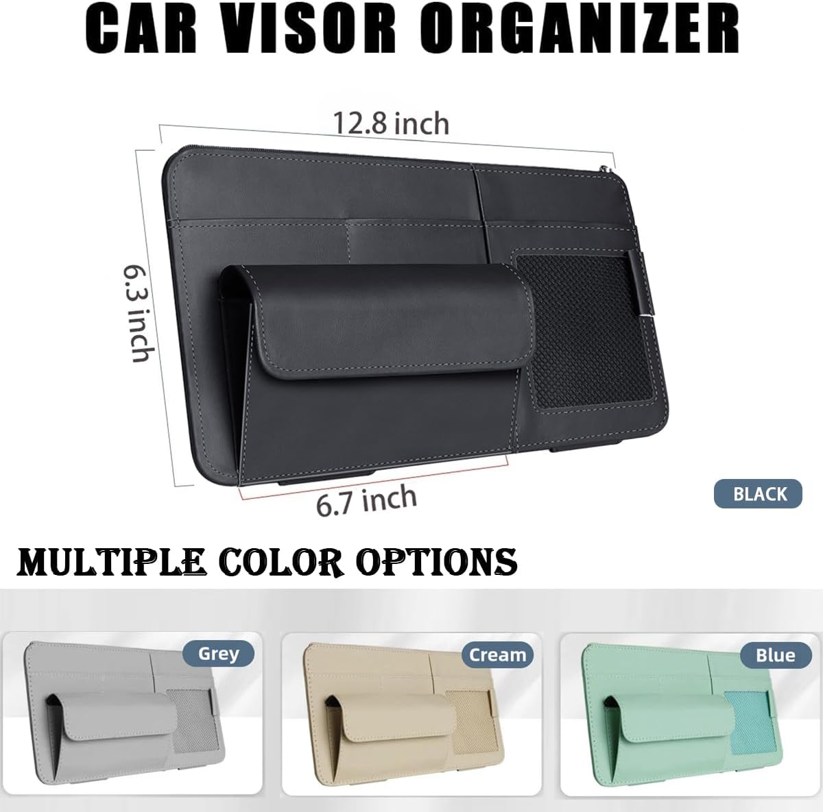 Car Visor Organizer, Multi-Pocket Sunvisor Storage with Sunglass Holder, Document Holder and Visor Card Clip, Fit for AUTO SUV & Truck, Leather Car Accessories Interior (Black)