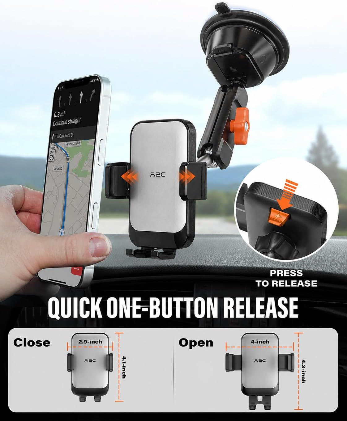 A2C 8" Adjustable Metal Arm Windshield Phone Mount, Suction Phone Holder