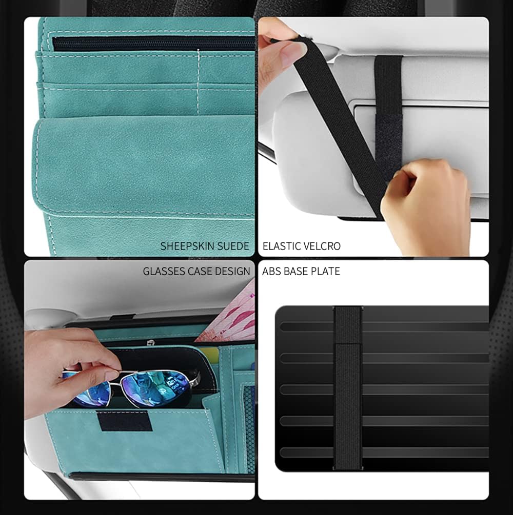 JEYODA Car Sun Visor Organizer Glasses Case Storage Bag note Holder Car suede Zipper Card Hold Car Organizers and Storage (blue)