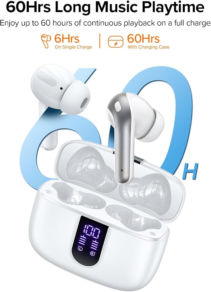 TAGRY Bluetooth Headphones True Wireless Earbuds 60H Playback LED Power Display Earphones with Wireless Charging Case IPX5 Waterproof in-Ear Ear buds with Mic for TV Smart Phone Laptop Computer Sports