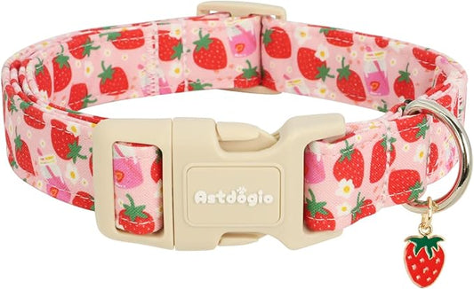 Pink Dog Collar for Small Dogs, Cute Dog Collars Girl Puppy Collar with Strawberry Pattern, Adjustable Cotton Pink Collar Ideal, Daily Photos & Pet Fashion
