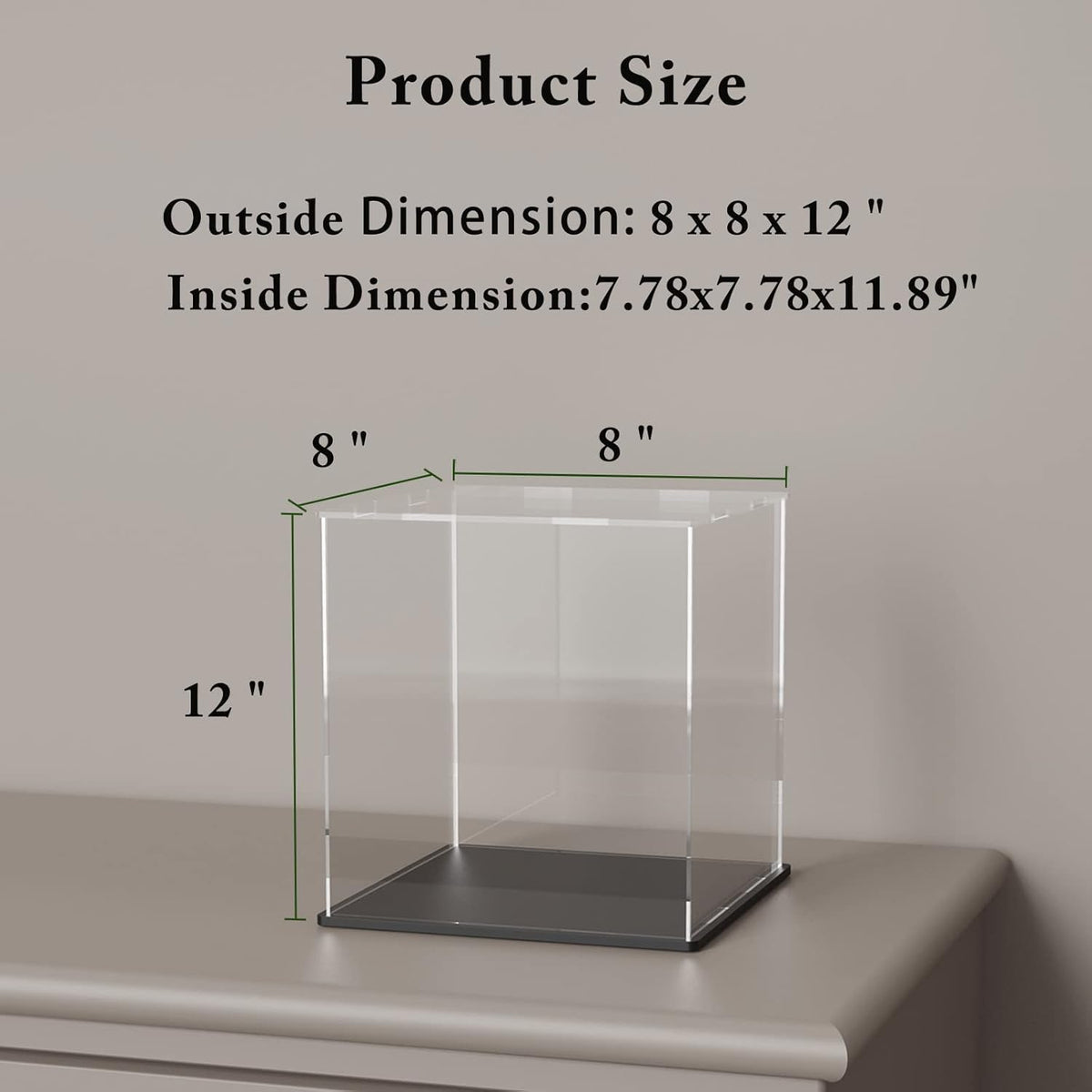 Skiennix Acrylic Display Case - Tall Dustproof Showcase with Matte Black Base | 8x8x12 Inch for Collectibles