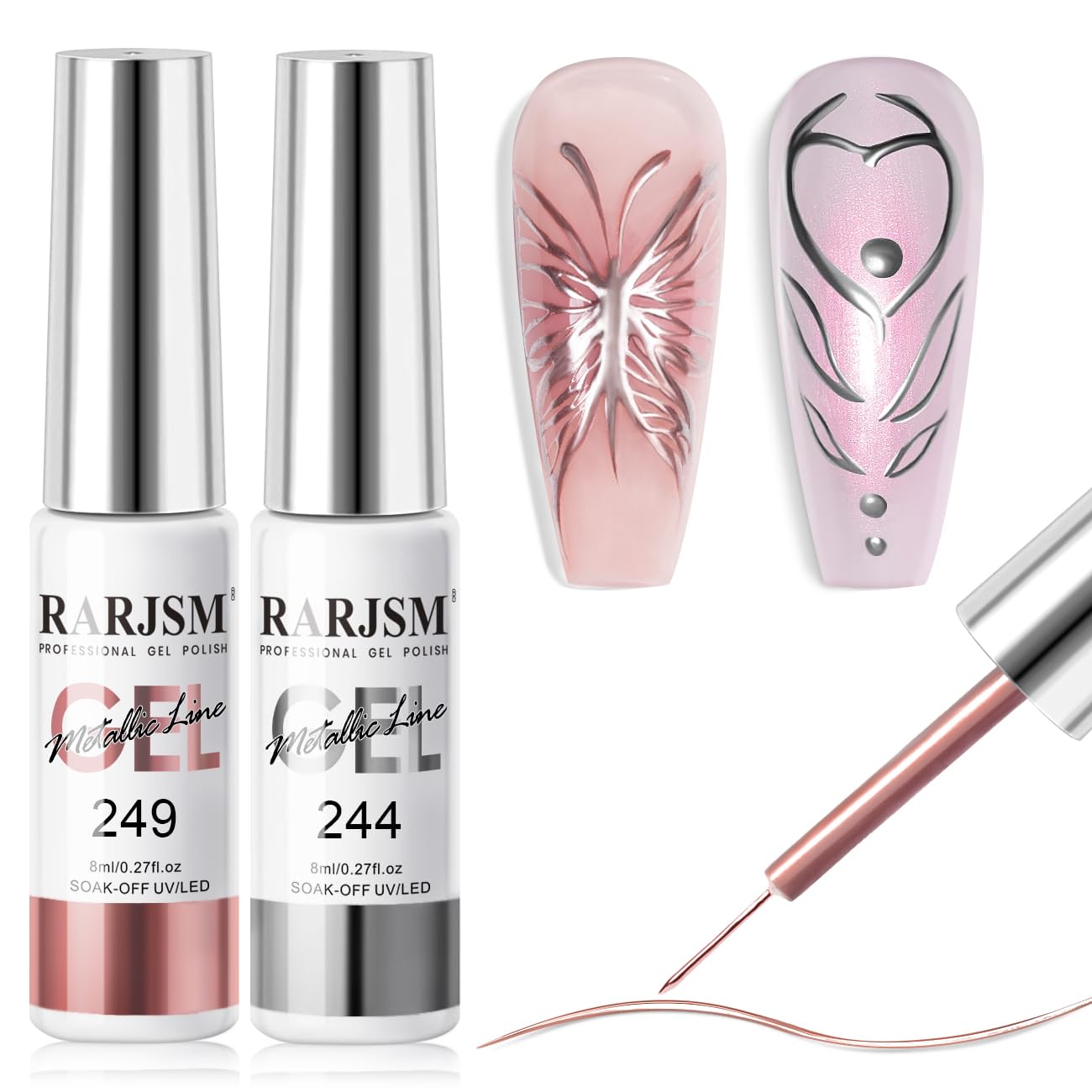 Rarjsm Metallic Chrome Gel Liner Nail Art 3D Mirror Silver And Rose Gold Effect Gel Nail Polish 8Ml Painting Build In Thin Brush