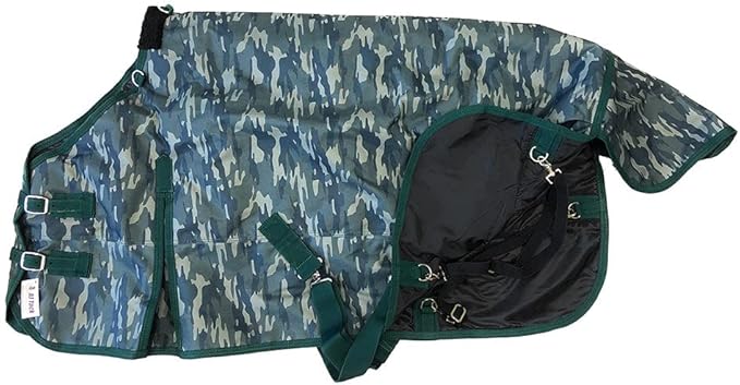 AJ Tack 1200D Waterproof Winter Horse Blanket with Hood - 400g Heavyweight Turnout with Fleece Collar, Shoulder Gussets & Tail Flap - Camouflage 74"