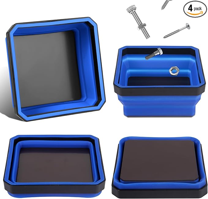 Collapsible Magnetic Parts Tray Set, 4 Pack New Version Magnetic Tool Trays for Screw Bolts Nuts Washers Pins & Small Metal Parts-4.5” Square Silicone Bowls with Double Sided Magnetic Base(Dark Blue)