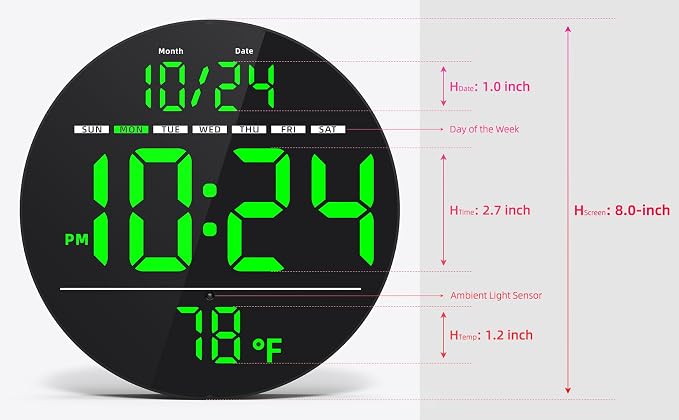 Digital Wall Clock with Large LED Display, Temperature, Auto-Brightness | Small
